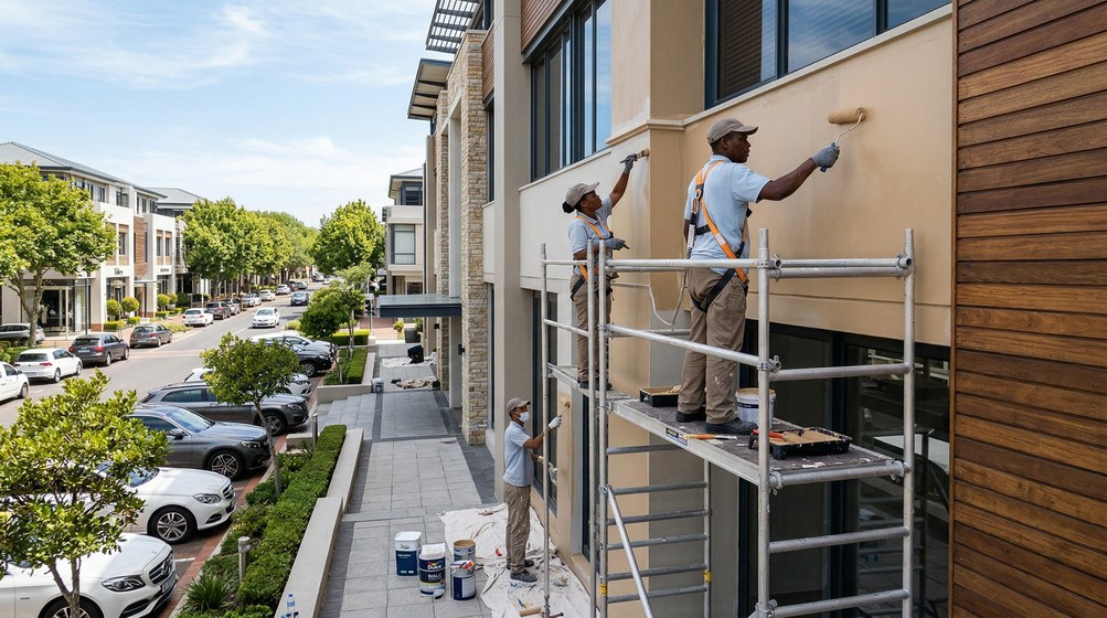 Professional commercial painters on scaffolding painting a building on the Northern Suburbs