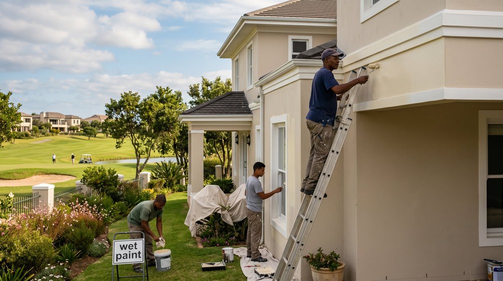 Professional estate painters painting a luxury golf estate home on the Northern Suburbs