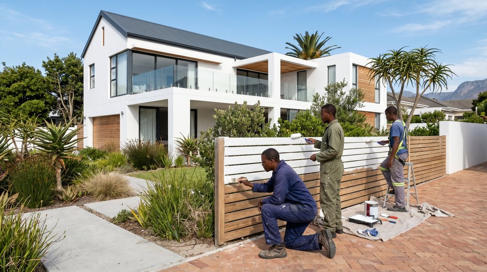 Professional fence painters painting a wooden fence at a coastal home in Bellville