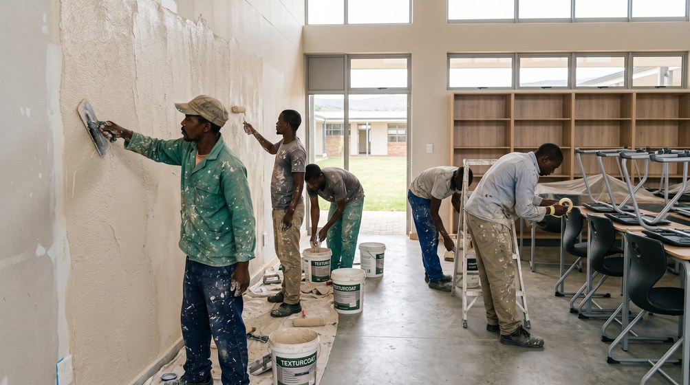 Professional texture coating team applying Texturcoat to interior walls in Bellville