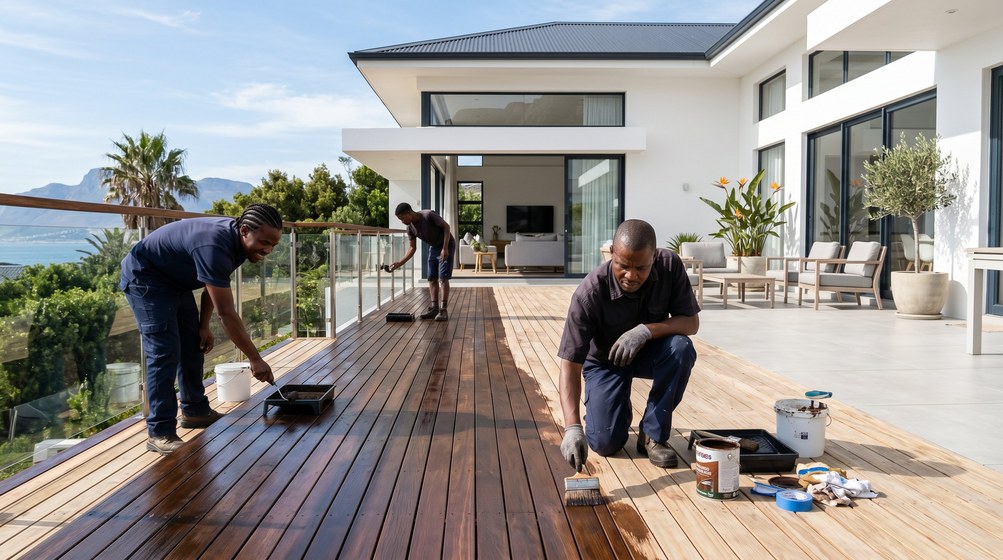 Professional wood staining team applying deck stain overlooking the ocean in Bellville